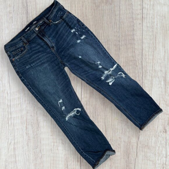 OLD NAVY Boyfriend Mid Rise Distressed Destructed Frayed Ankle Denim Jeans 10 - Picture 1 of 5